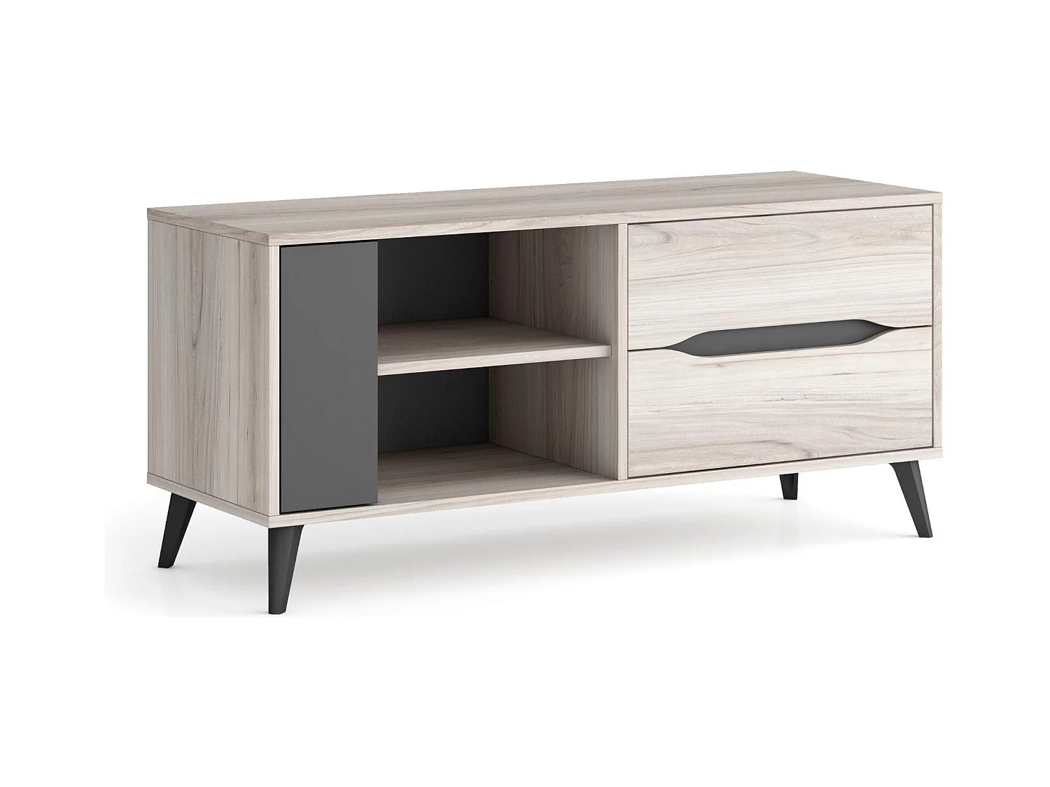 Meuble TV 110, 2 tiroirs + 1 porte, salon, Modèle KAI, couleur Chêne, Gris, 113x40x52cm