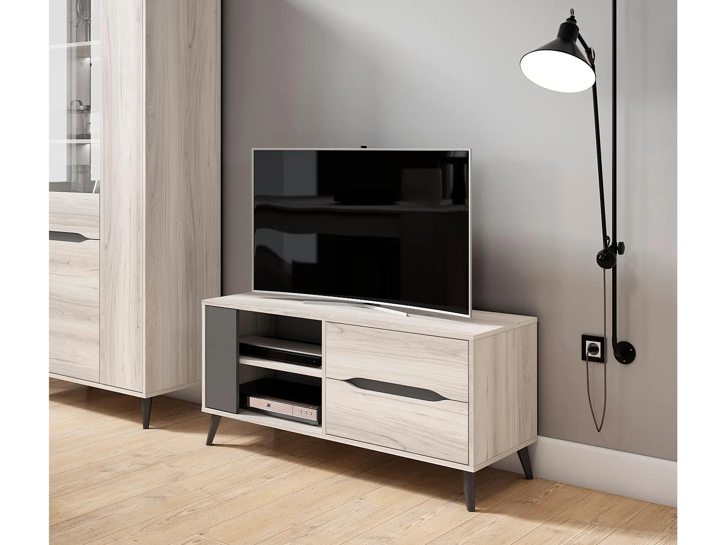 Meuble TV 110, 2 tiroirs + 1 porte, salon, Modèle KAI, couleur Chêne, Gris, 113x40x52cm
