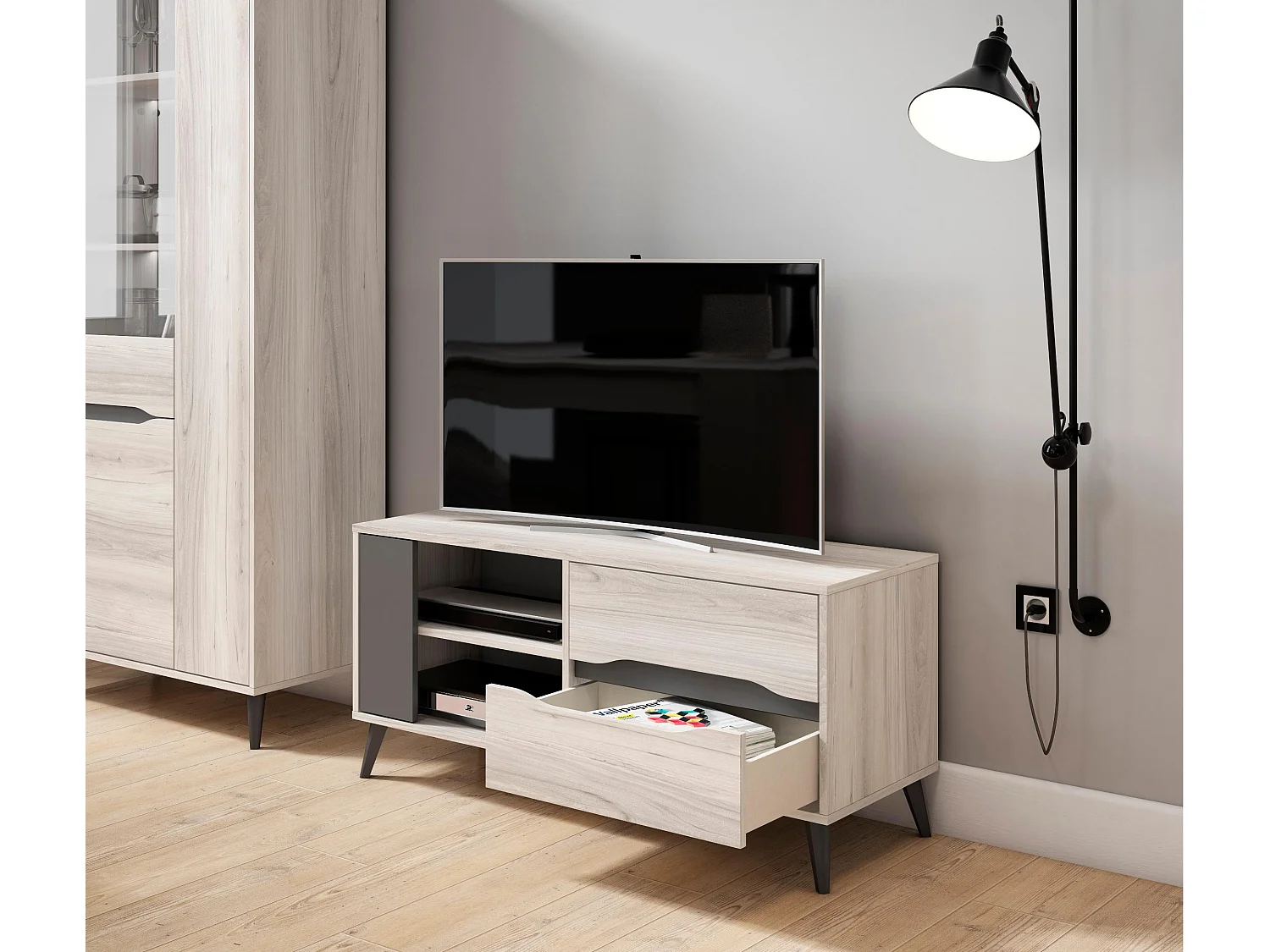 Meuble TV 110, 2 tiroirs + 1 porte, salon, Modèle KAI, couleur Chêne, Gris, 113x40x52cm