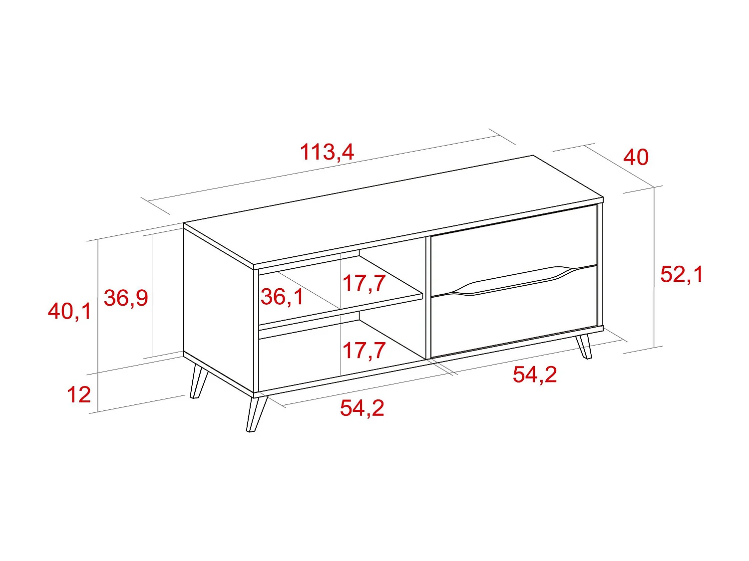 Meuble TV 110, 2 tiroirs + 1 porte, salon, Modèle KAI, couleur Chêne, Gris, 113x40x52cm