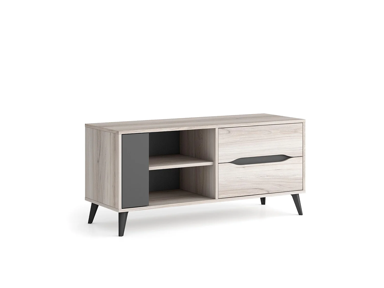 TV-meubel 110, 2 laden + 1 deur, model KAI, kleur Eik, Grijs.
