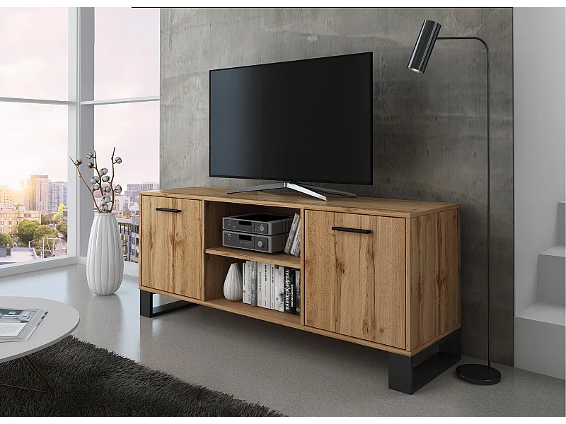 TV-Einheit 140 mit 2 Türen, Wohnzimmer, Modell LOFT, Strukturfarbe und Türen Eiche rustikal, 137x40x57cm hoch.
