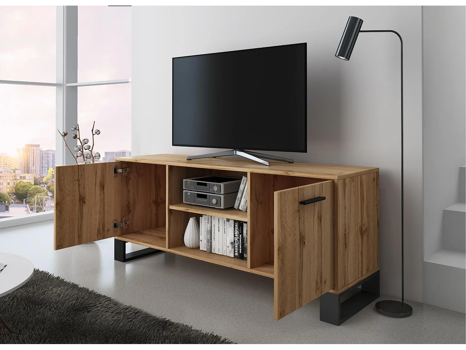 Meuble TV 137x40x57cm avec 2 portes, salon, modèle LOFT, structure et des portes Chêne