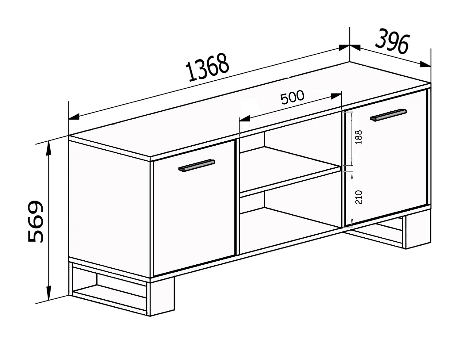 Meuble TV 137x40x57cm avec 2 portes, salon, modèle LOFT, structure et des portes Chêne