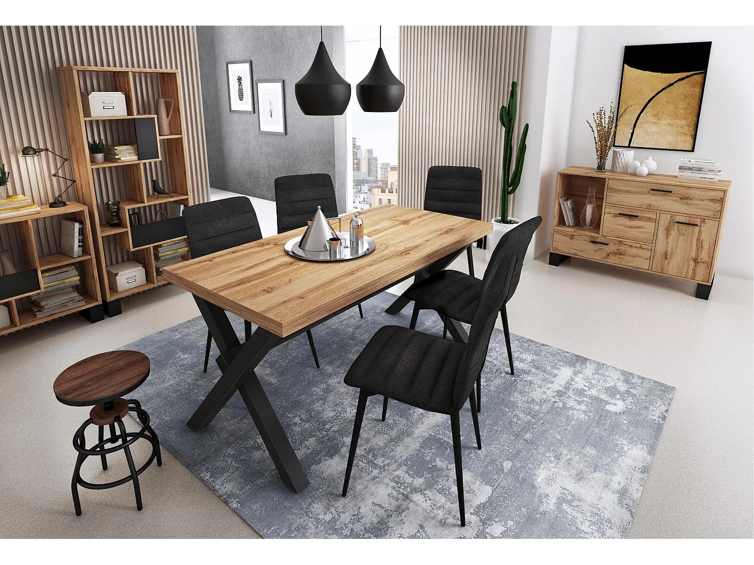 Meuble TV 137x40x57cm avec 2 portes, salon, modèle LOFT, structure et des portes Chêne