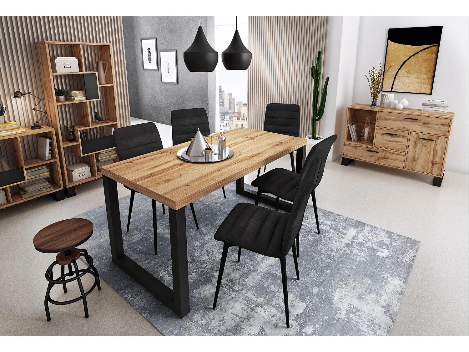 Meuble TV 137x40x57cm avec 2 portes, salon, modèle LOFT, structure et des portes Chêne