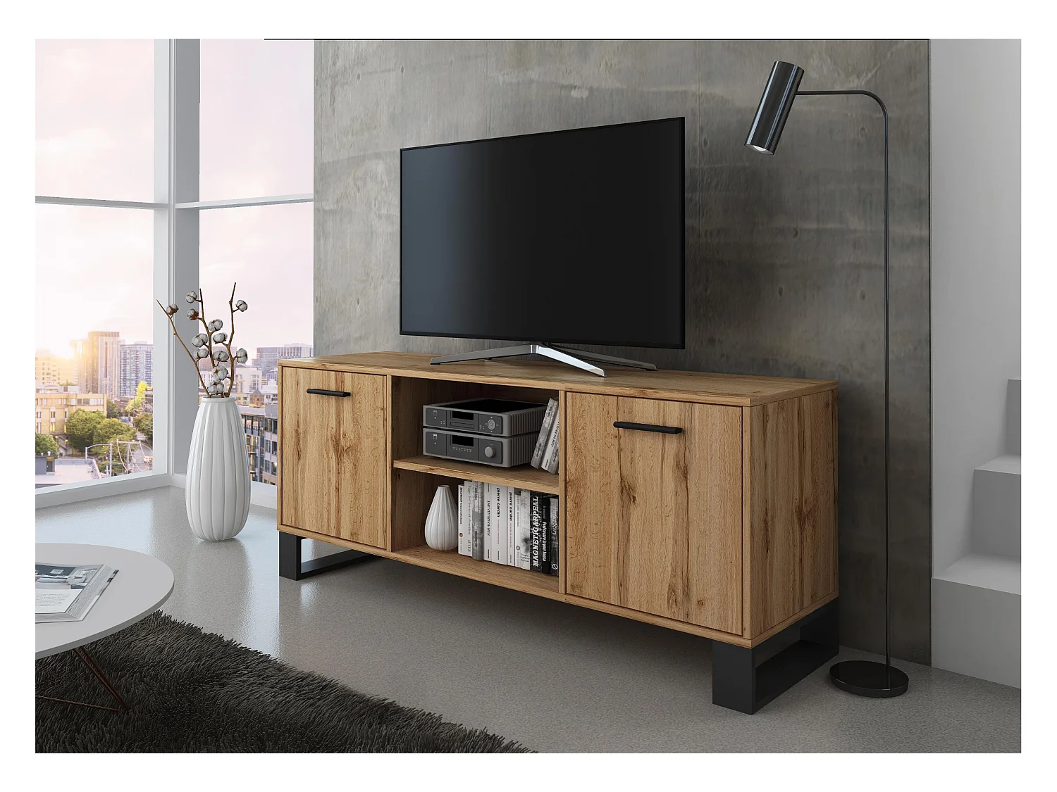 Mueble TV 140 con 2 puertas, Modelo LOFT, color estructura y puertas Roble Rústico, 137x40x57cm