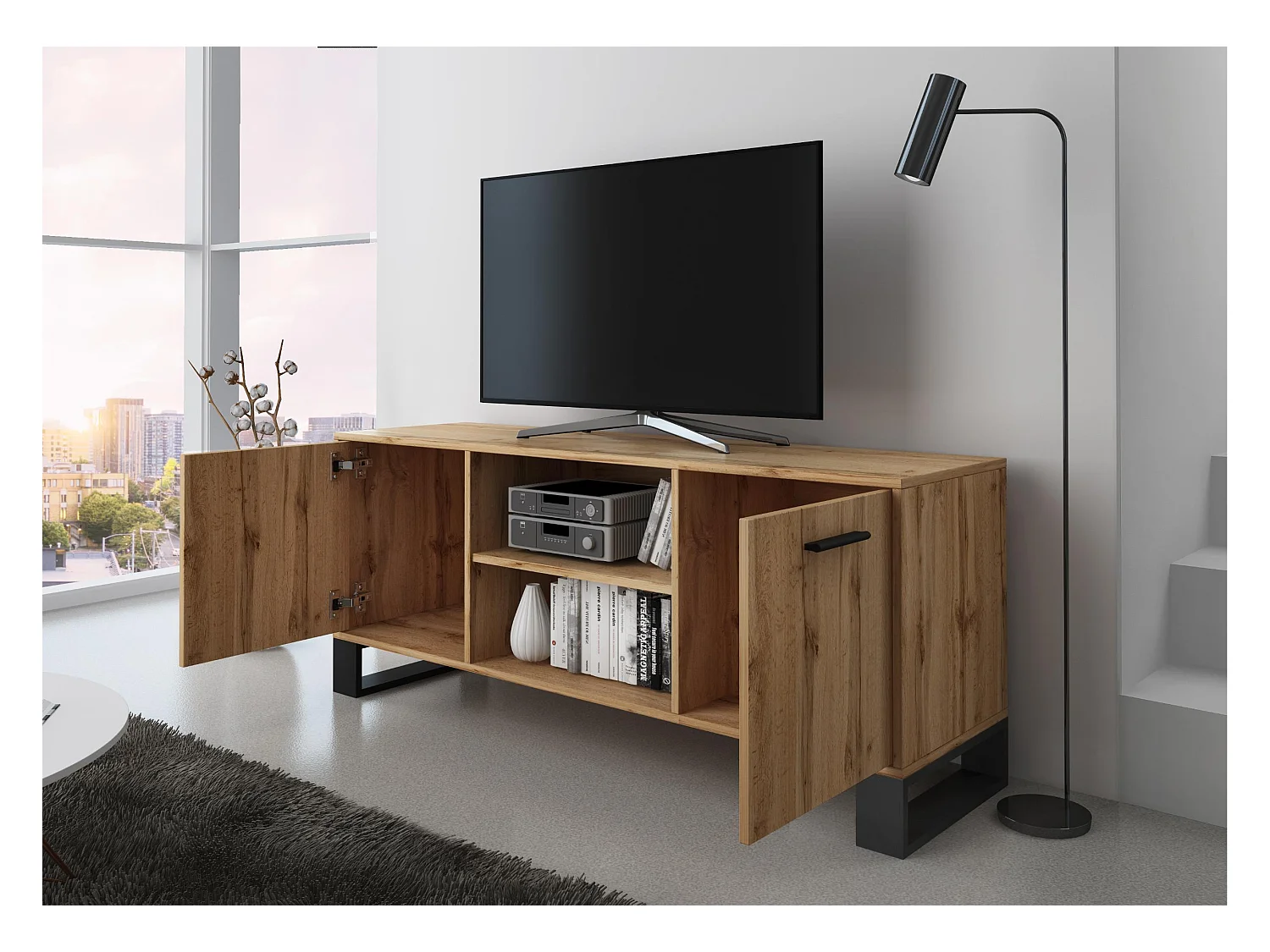 Mueble TV 140 con 2 puertas, Modelo LOFT, color estructura y puertas Roble Rústico, 137x40x57cm