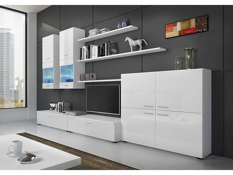 Mobile TV Parete da soggiorno e pranzo con illuminazione a LED, Bianco Laccato e Bianco Mate, 300x42x189cm