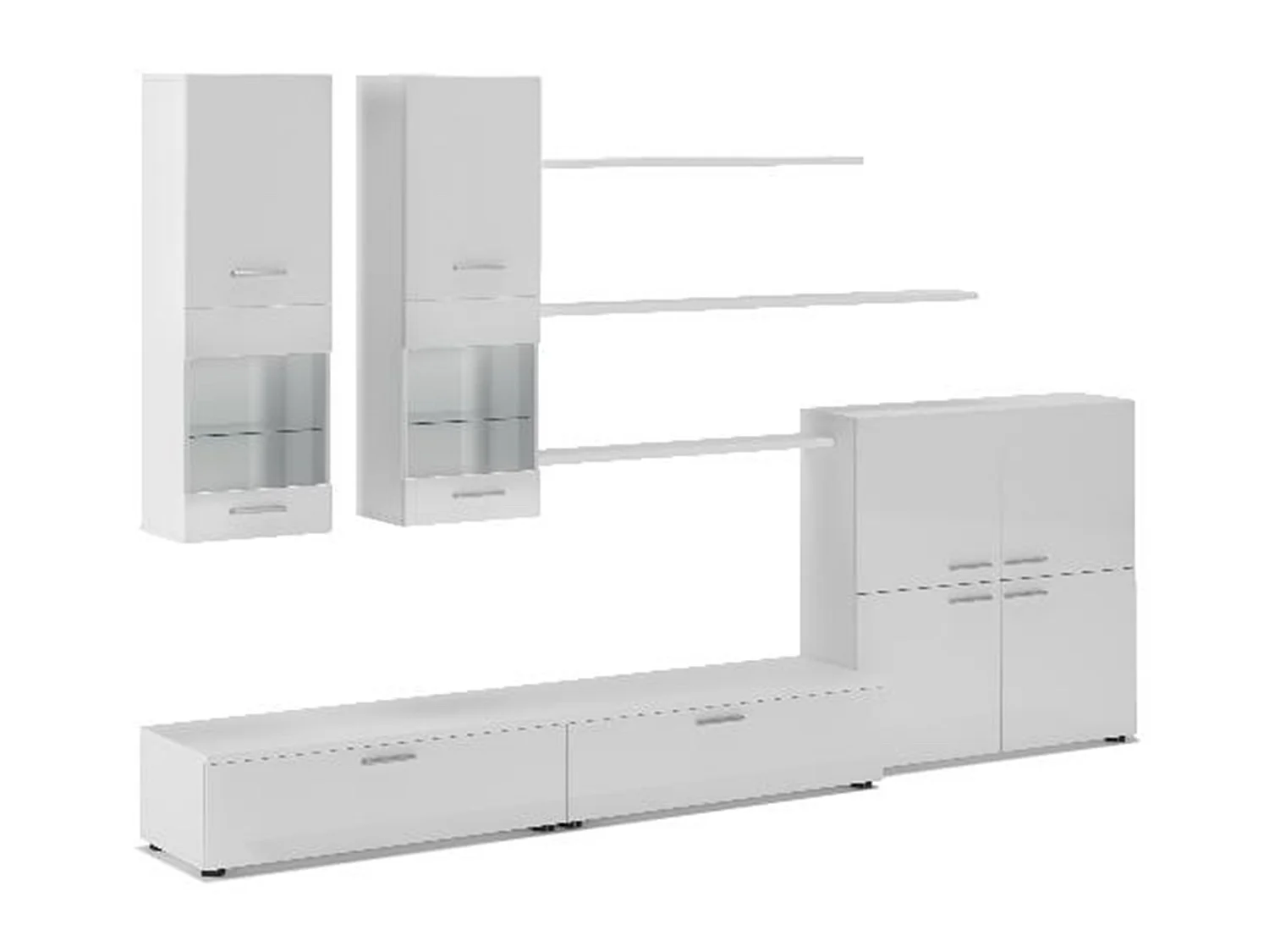 Mural TV Furniture, 300x189x42cm, LED -verlichtingssysteem, Eetkamer, White Shine en Matte White, Noordse stijl