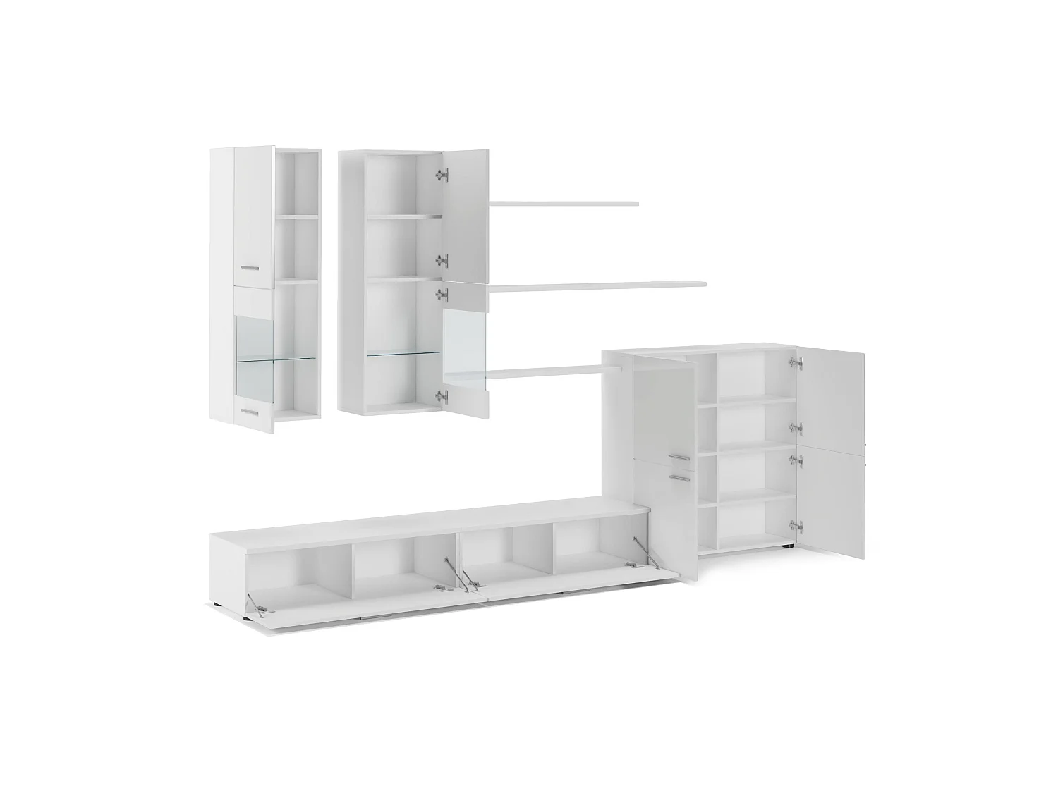 Mural TV Furniture, 300x189x42cm, LED -verlichtingssysteem, Eetkamer, White Shine en Matte White, Noordse stijl
