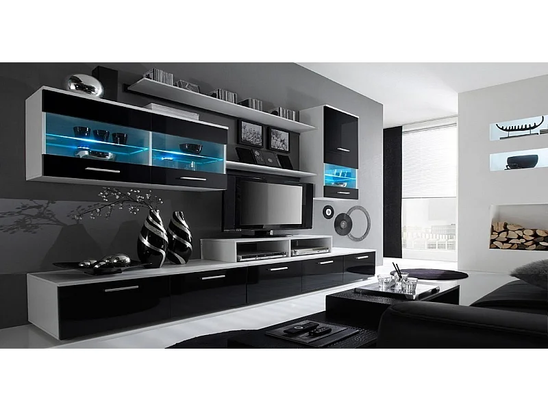 Mobili TV Parete da Soggiorno e pranzo con illuminazione a LED, Bianco Mate e Nero Laccato, 250x42x194cm