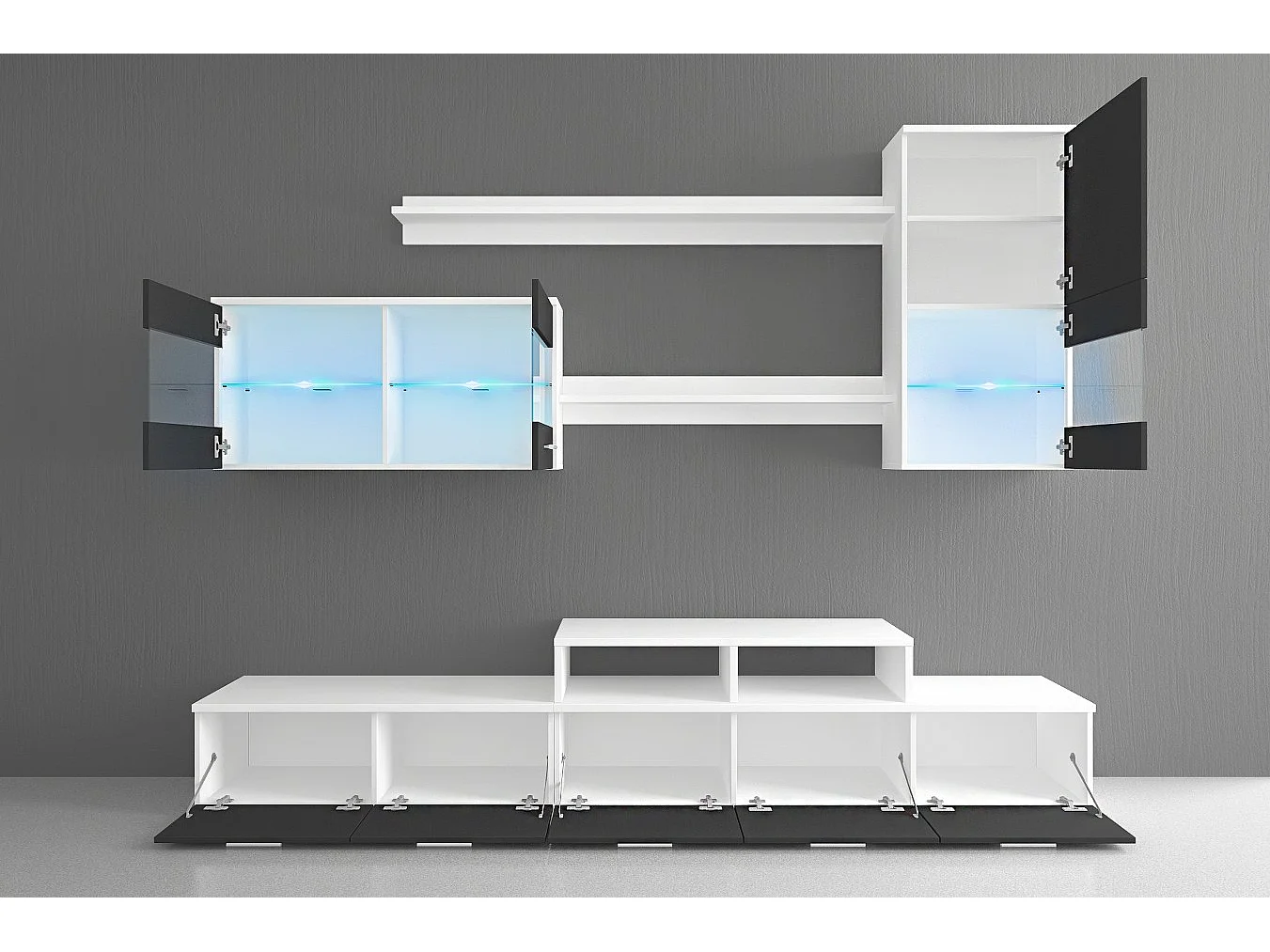 Ensemble de meubles TV, sale a manger, ilumination LED, Blanc Mate et Noir Laqué, 250x42x194 cm