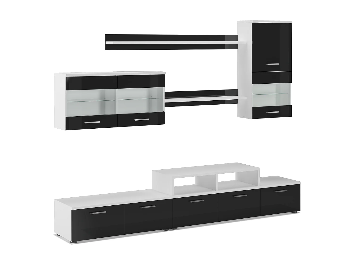 Ensemble de meubles TV, sale a manger, ilumination LED, Blanc Mate et Noir Laqué, 250x42x194 cm