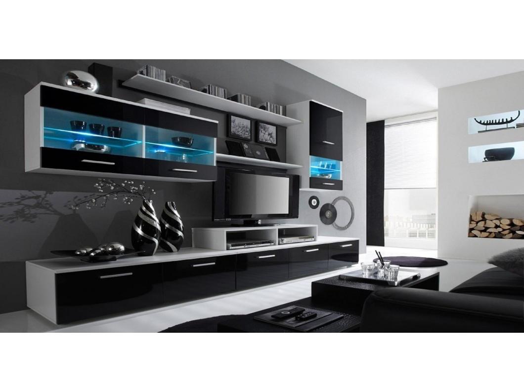 Mural TV Furniture, 250x42x194 cm, LED -verlichtingssysteem, Eetkamer, Matte en zwarte witte glans, Noordse stijl