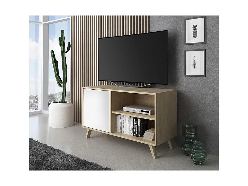 Möbel TV 100 mit linker Tür, Wohnzimmer, WIND-Modell, Eiche-Strukturfarbe, weiße Türfarbe, 95x40x57cm