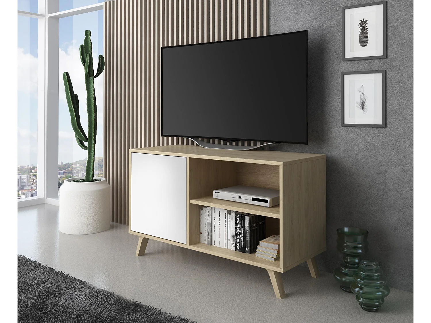 Mueble TV 100 Modelo WIND, color estructura roble, color puerta Blanco, 95x40x57cm