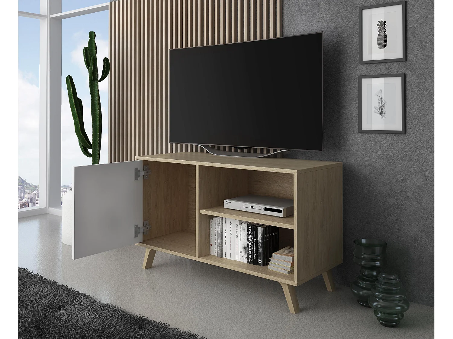 Mueble TV 100 Modelo WIND, color estructura roble, color puerta Blanco, 95x40x57cm