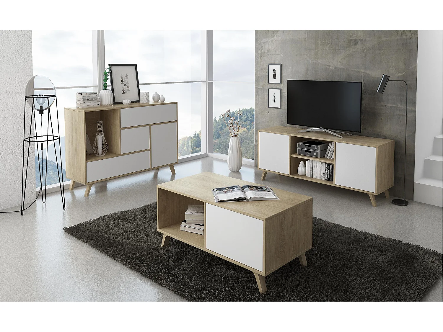 Mueble TV 100 Modelo WIND, color estructura roble, color puerta Blanco, 95x40x57cm
