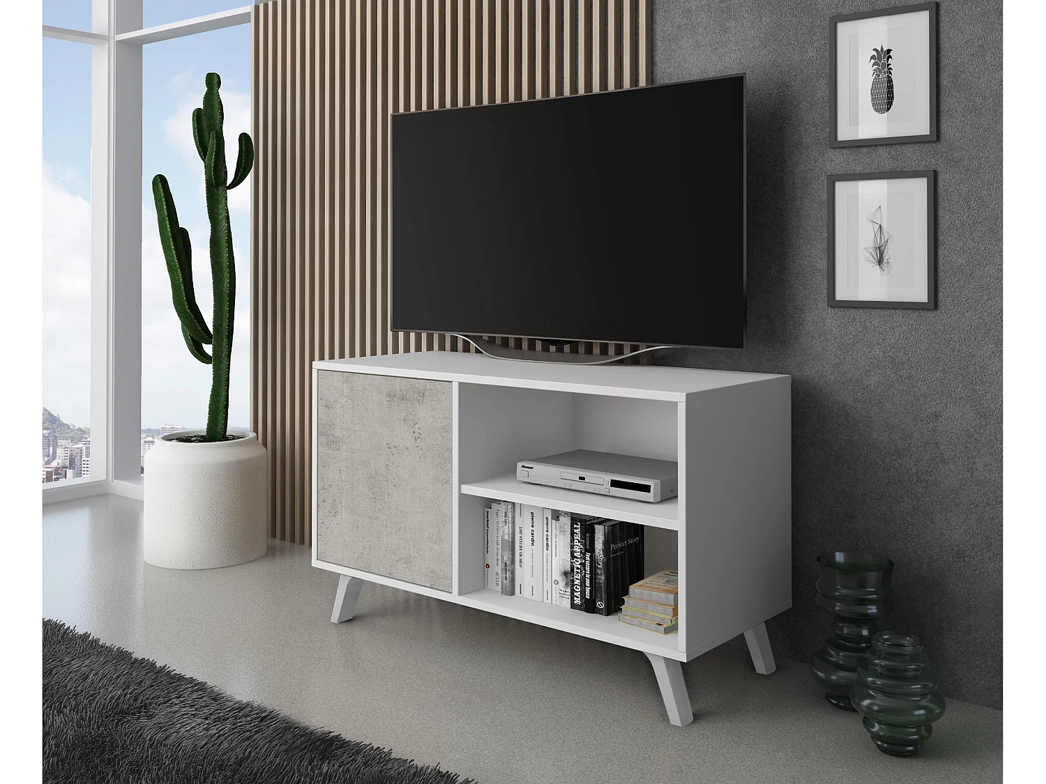 Televisiemeubels, Windmodel, 95x40x57cm, Eetkamer, Wit en cement, Moderne stijl