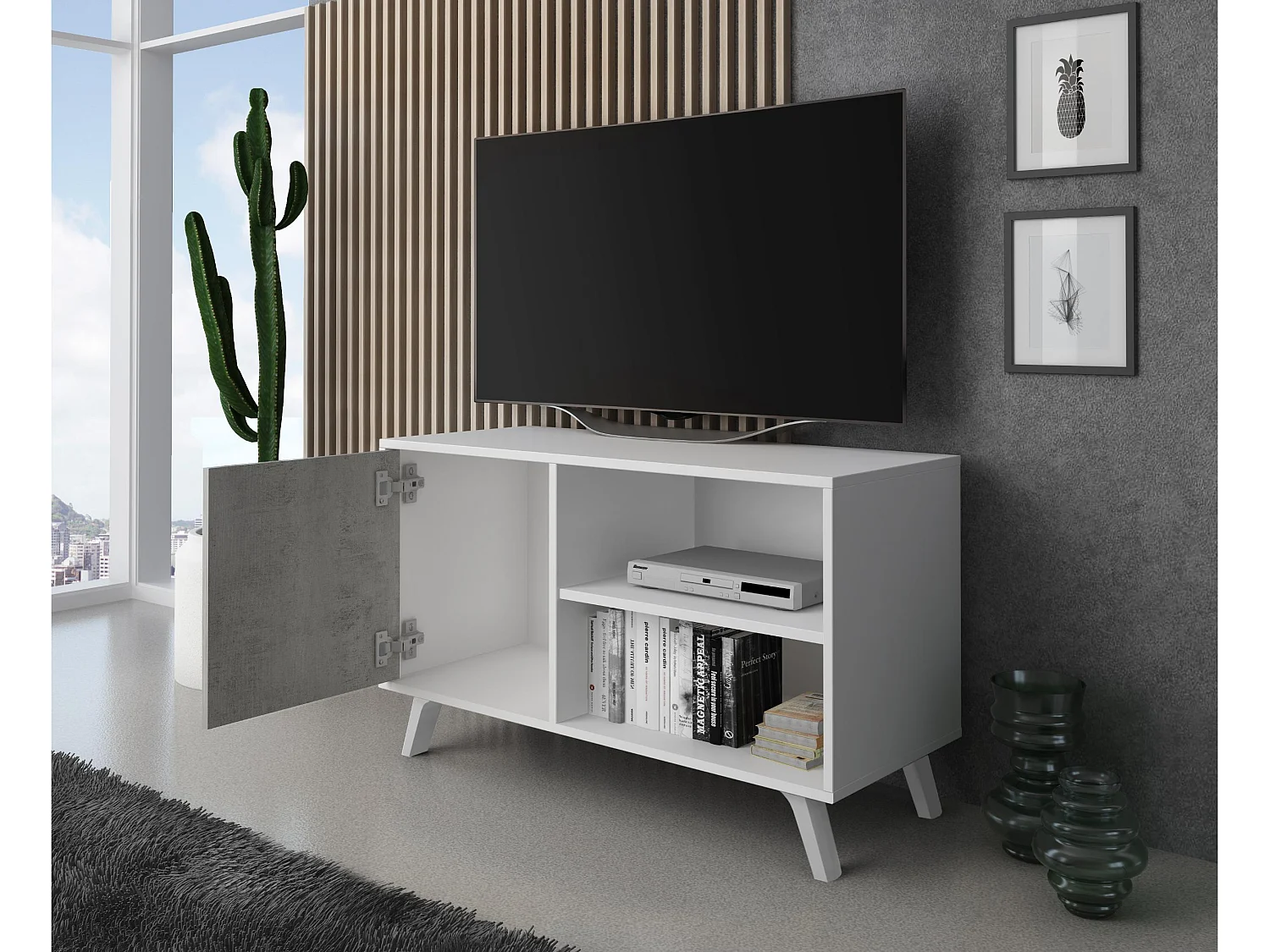 Televisiemeubels, Windmodel, 95x40x57cm, Eetkamer, Wit en cement, Moderne stijl
