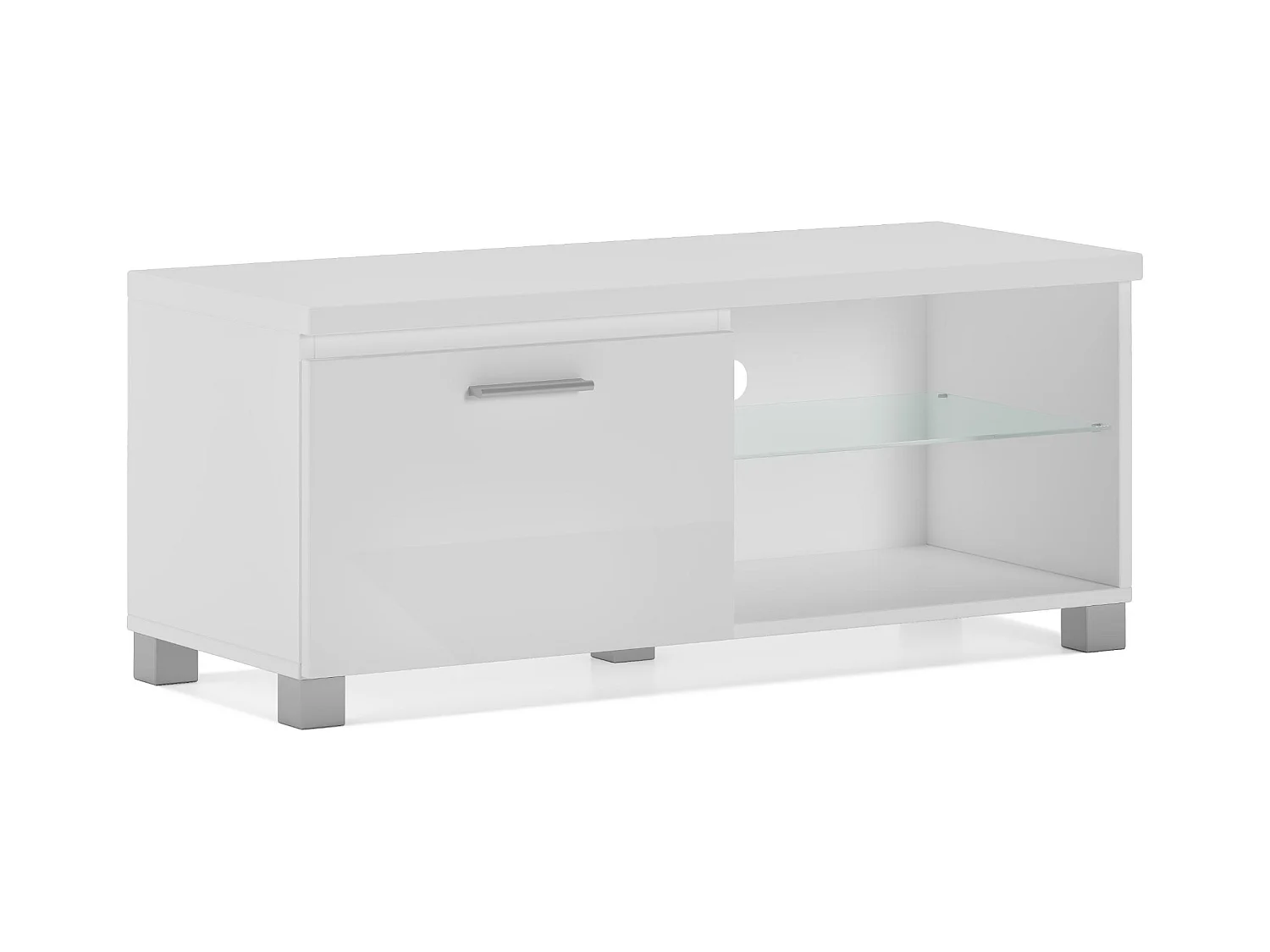 Meuble bas TV LED Salon-Séjour Blanc mate et Blanc Laqué, 100 x 40 x 42 cm de hauteur