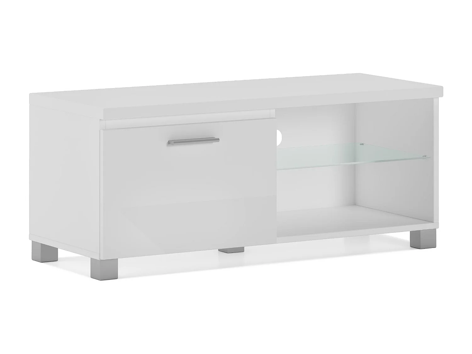 Meuble bas TV LED Salon-Séjour Blanc mate et Blanc Laqué, 100 x 40 x 42 cm de hauteur