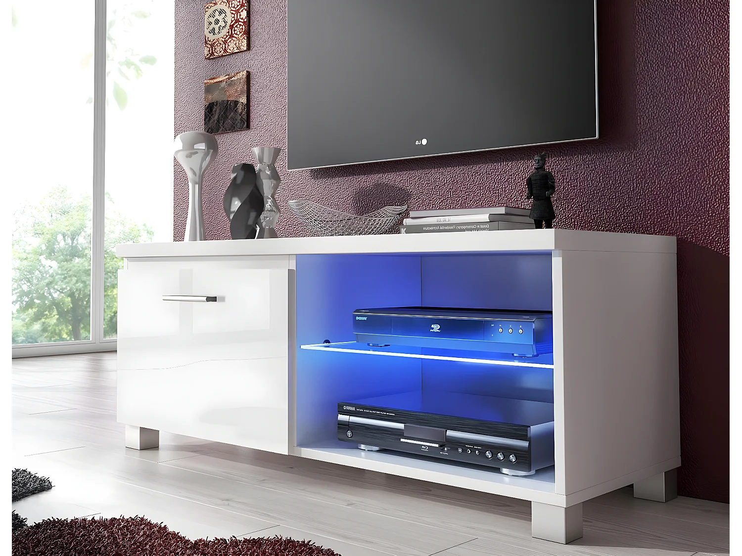Meuble bas TV LED Salon-Séjour Blanc mate et Blanc Laqué, 100 x 40 x 42 cm de hauteur