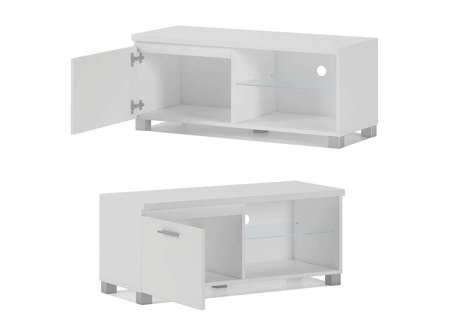 Meuble bas TV LED Salon-Séjour Blanc mate et Blanc Laqué, 100 x 40 x 42 cm de hauteur