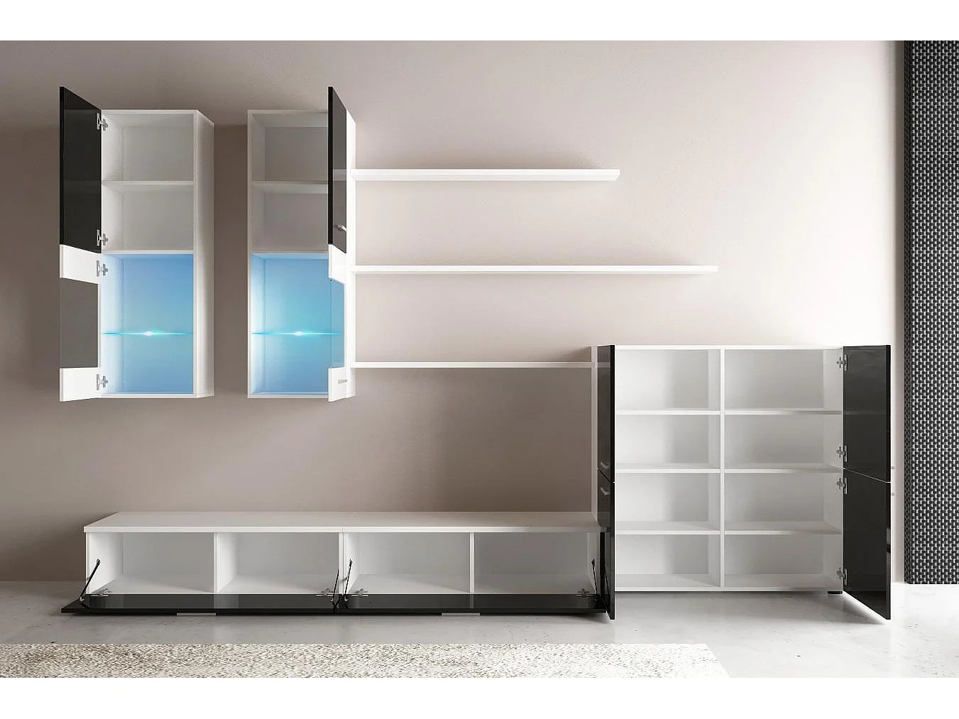 Mural TV Furniture, 300x189x42 cm, LED -verlichtingssysteem, Eetkamer, Black Shine en Matt White, Noordse stijl