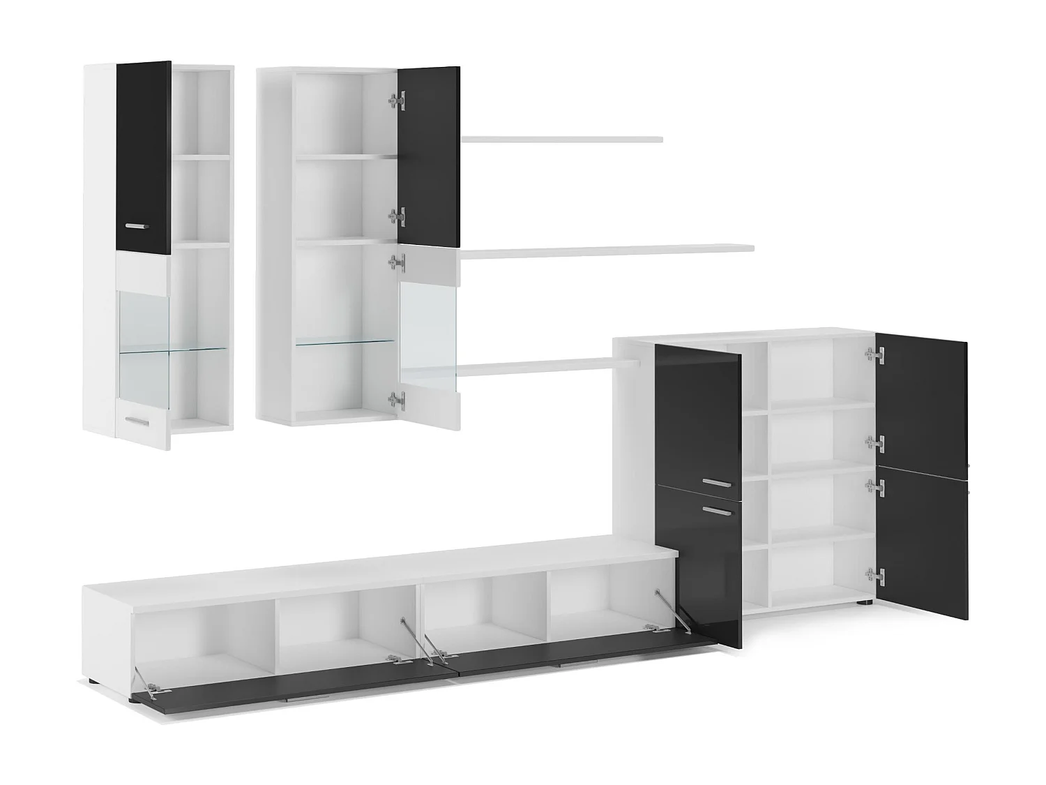 Mural TV Furniture, 300x189x42 cm, LED -verlichtingssysteem, Eetkamer, Black Shine en Matt White, Noordse stijl