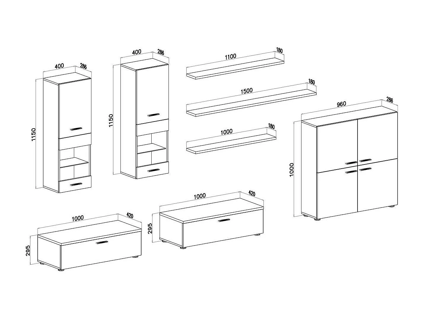 Mural TV Furniture, 300x189x42 cm, LED -verlichtingssysteem, Eetkamer, Black Shine en Matt White, Noordse stijl