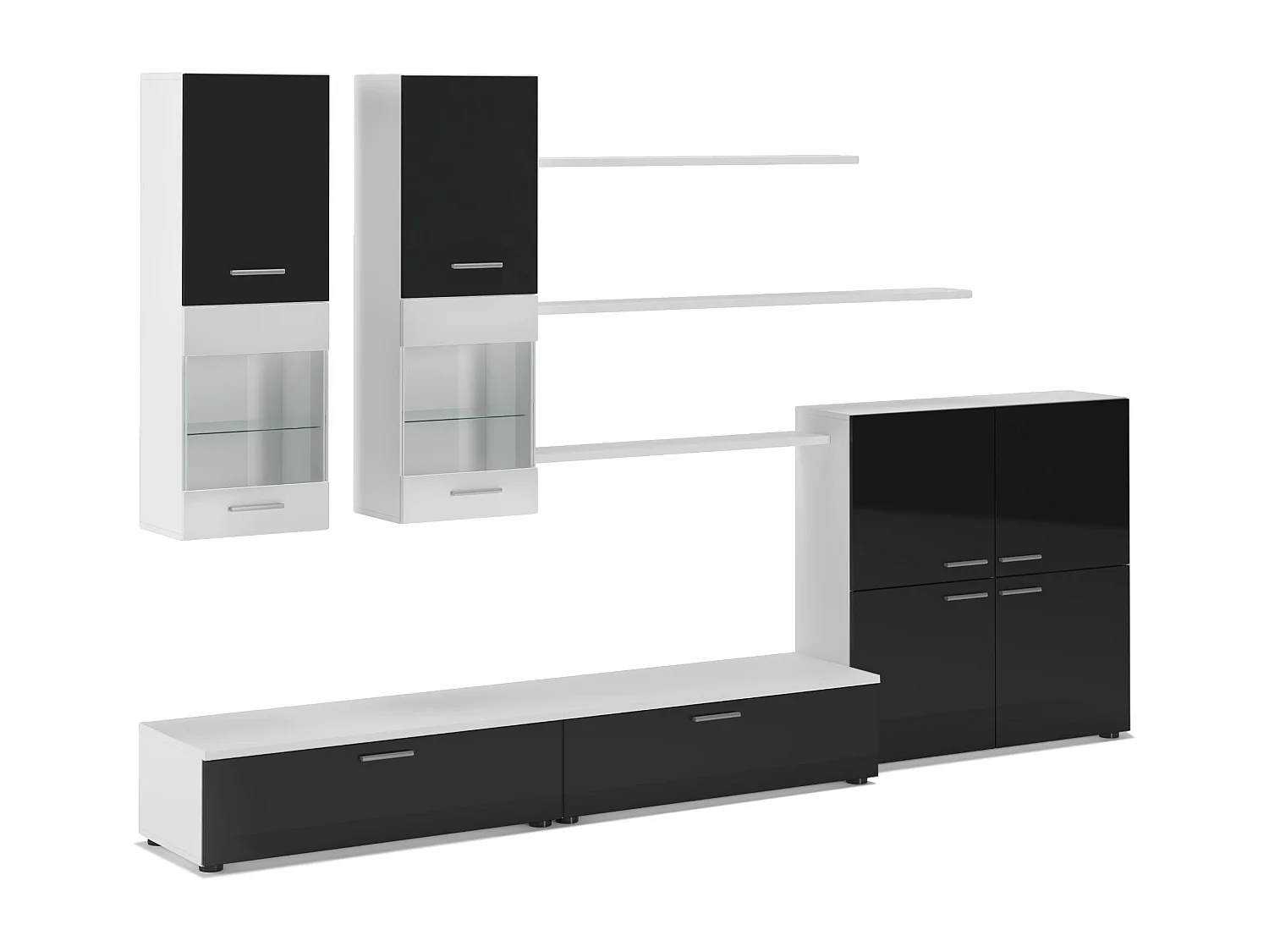 Mobiliário com luzes LED, Laca Negra Brilhante e Branco Mate, 300x42x189cm