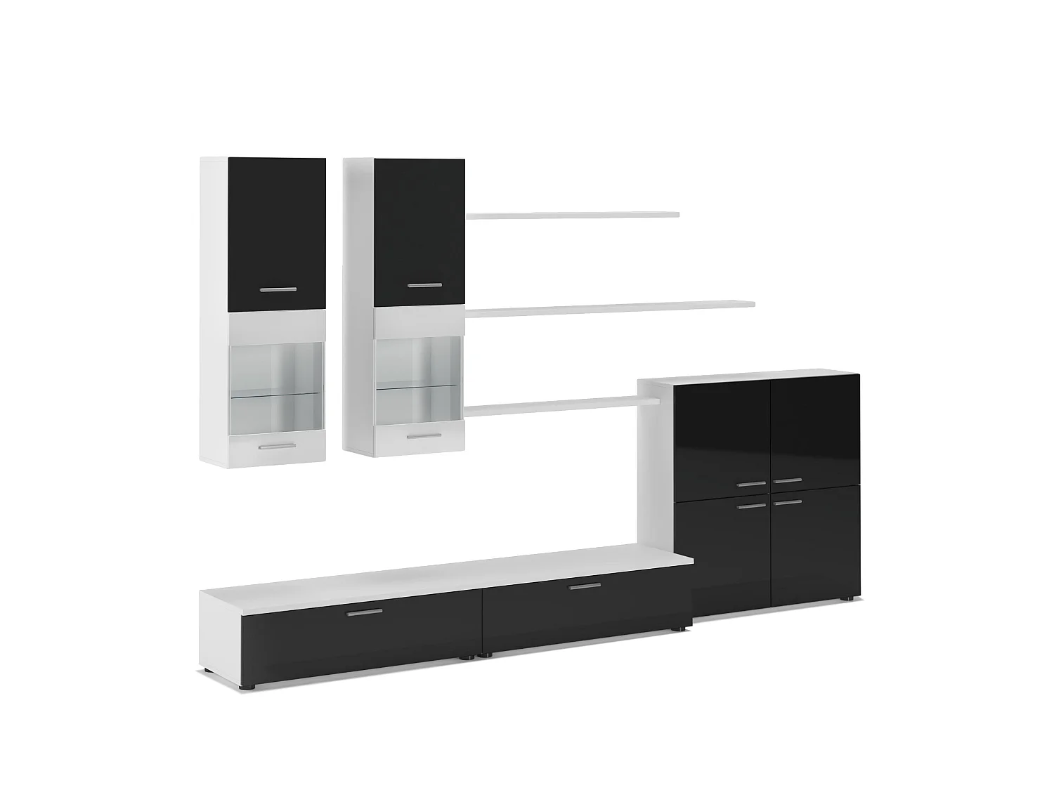 Mural TV Furniture, 300x189x42cm, LED -verlichtingssysteem, Eetkamer, Black Shine en Matt White, Noordse stijl