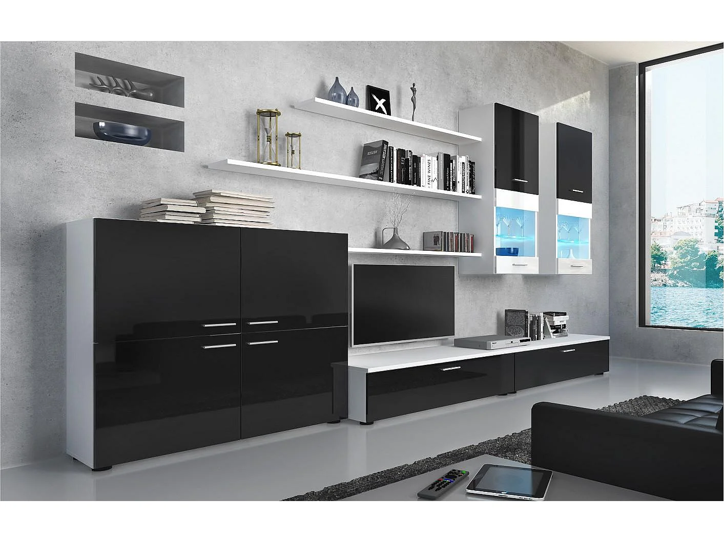 Mural TV Furniture, 300x189x42cm, LED -verlichtingssysteem, Eetkamer, Black Shine en Matt White, Noordse stijl