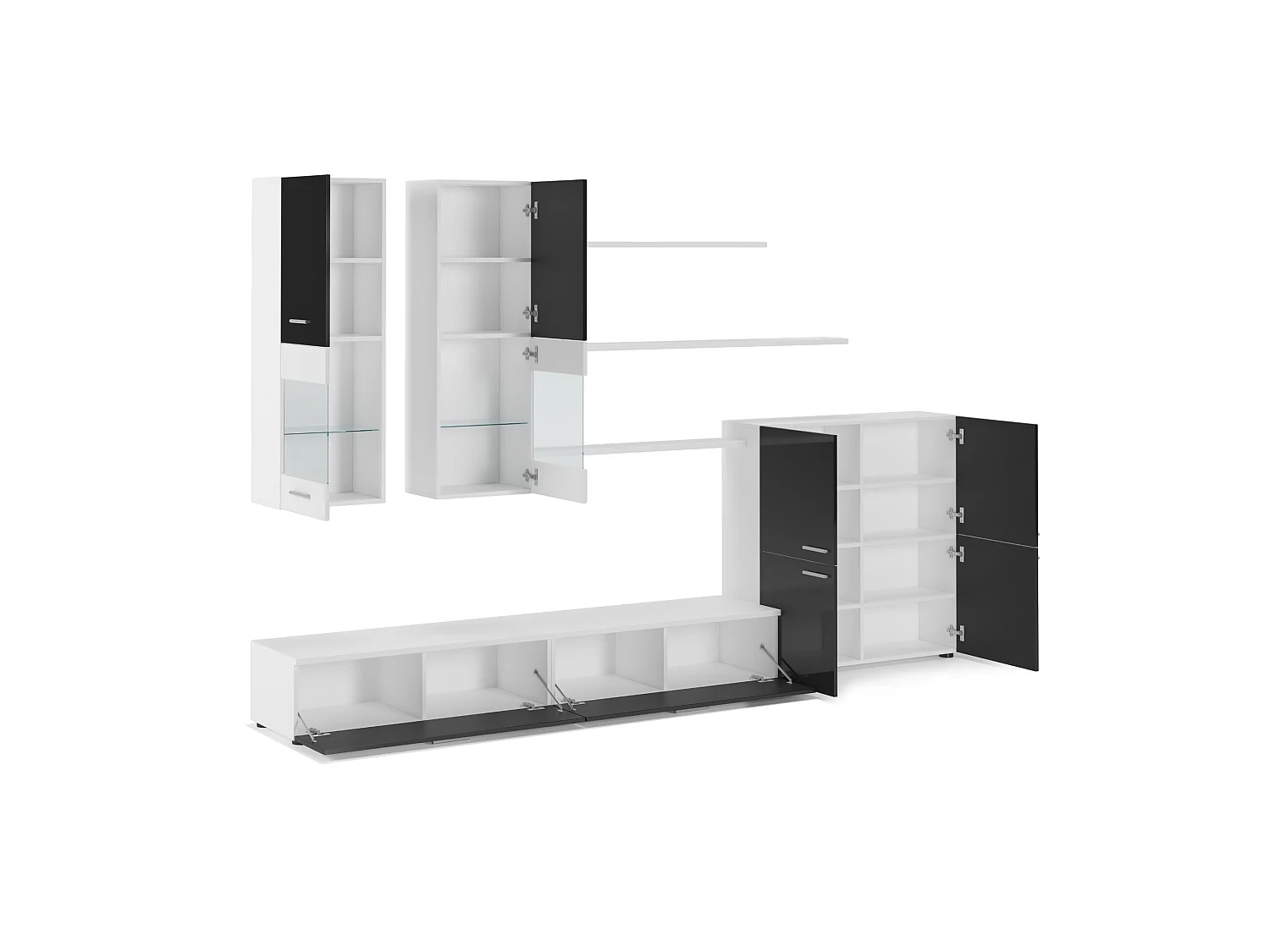 Mural TV Furniture, 300x189x42cm, LED -verlichtingssysteem, Eetkamer, Black Shine en Matt White, Noordse stijl