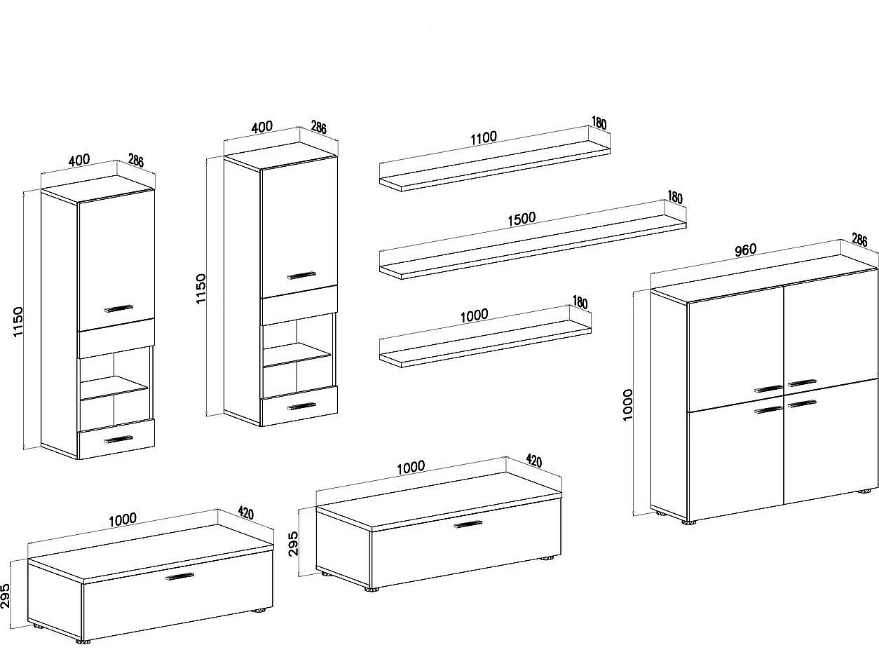 Mural TV Furniture, 300x189x42cm, LED -verlichtingssysteem, Eetkamer, Black Shine en Matt White, Noordse stijl