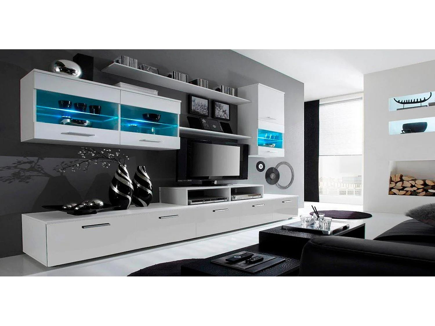 Mobili TV Parete da Soggiorno e pranzo con illuminazione a LED , Bianco Mate e Bianco Laccato, 250x42x194cm