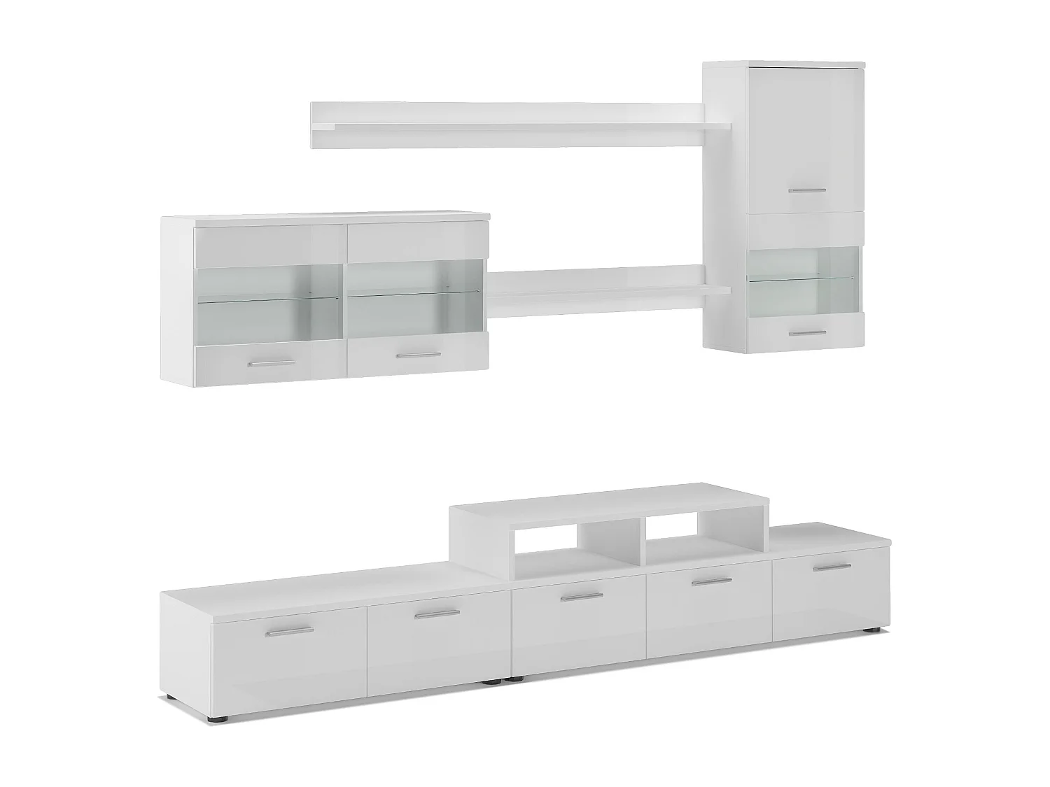 Mobili TV Parete da Soggiorno e pranzo con illuminazione a LED , Bianco Mate e Bianco Laccato, 250x42x194cm