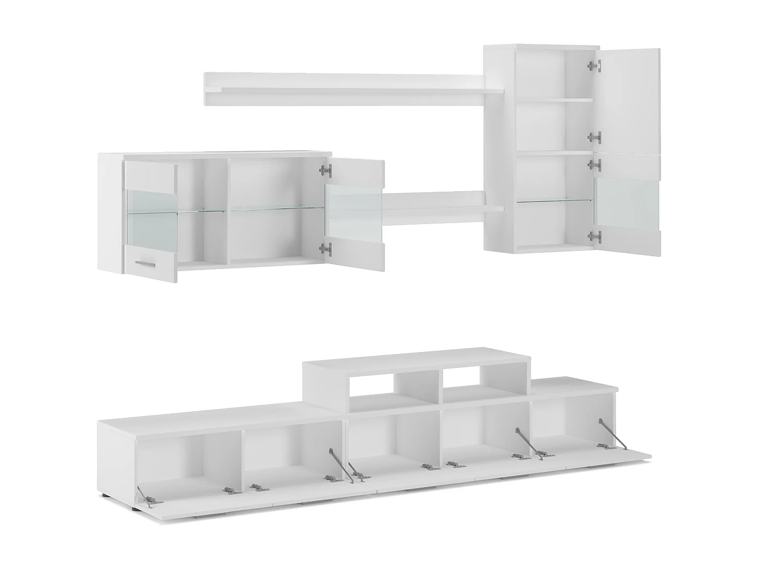 Mobili TV Parete da Soggiorno e pranzo con illuminazione a LED , Bianco Mate e Bianco Laccato, 250x42x194cm