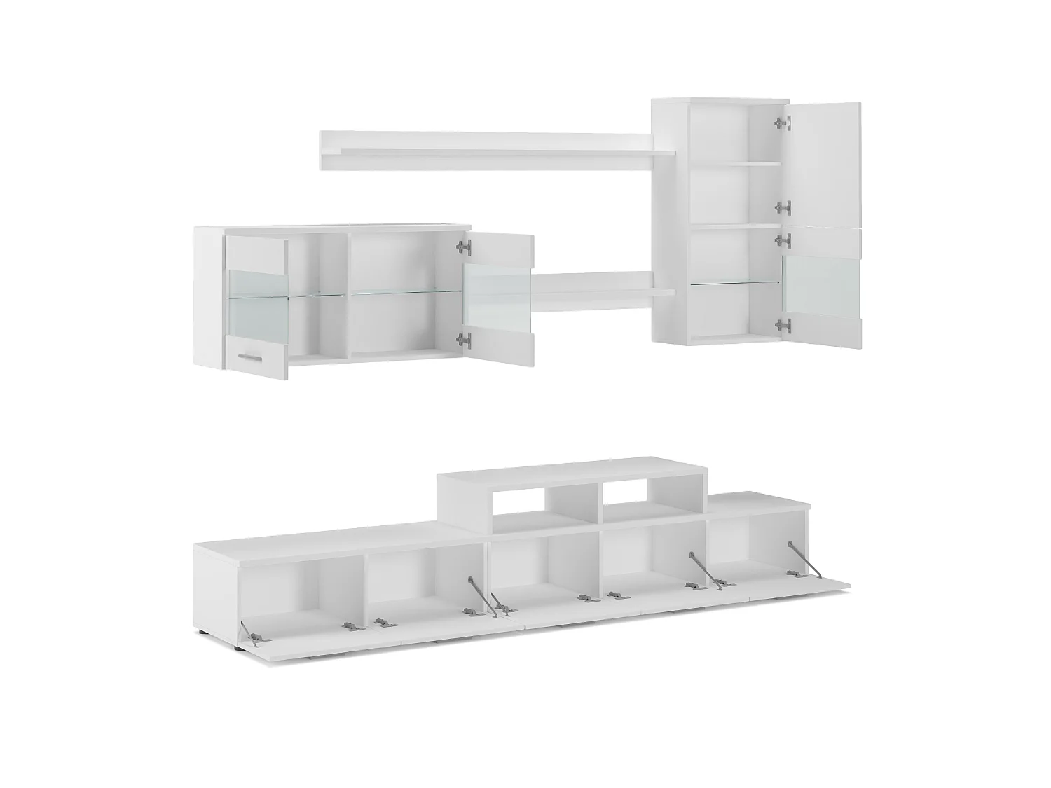 Mobiliário com Leds, acabamento em Branco Mate e Laca Branca Brilhante, 250x42x194cm