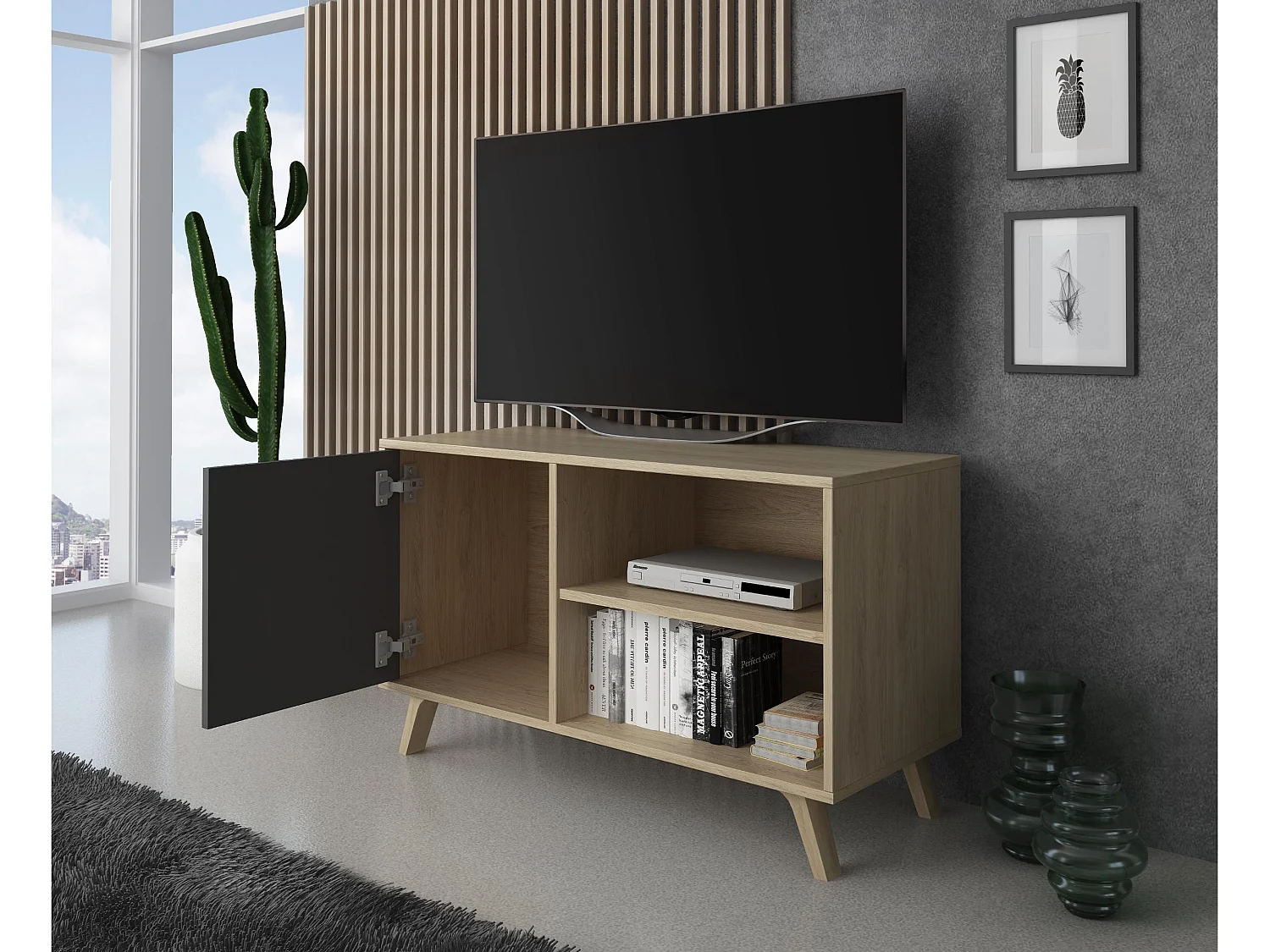 Televisiemeubels, Windmodel, 95x40x57cm, Eetkamer, Eik en grijs, Moderne stijl