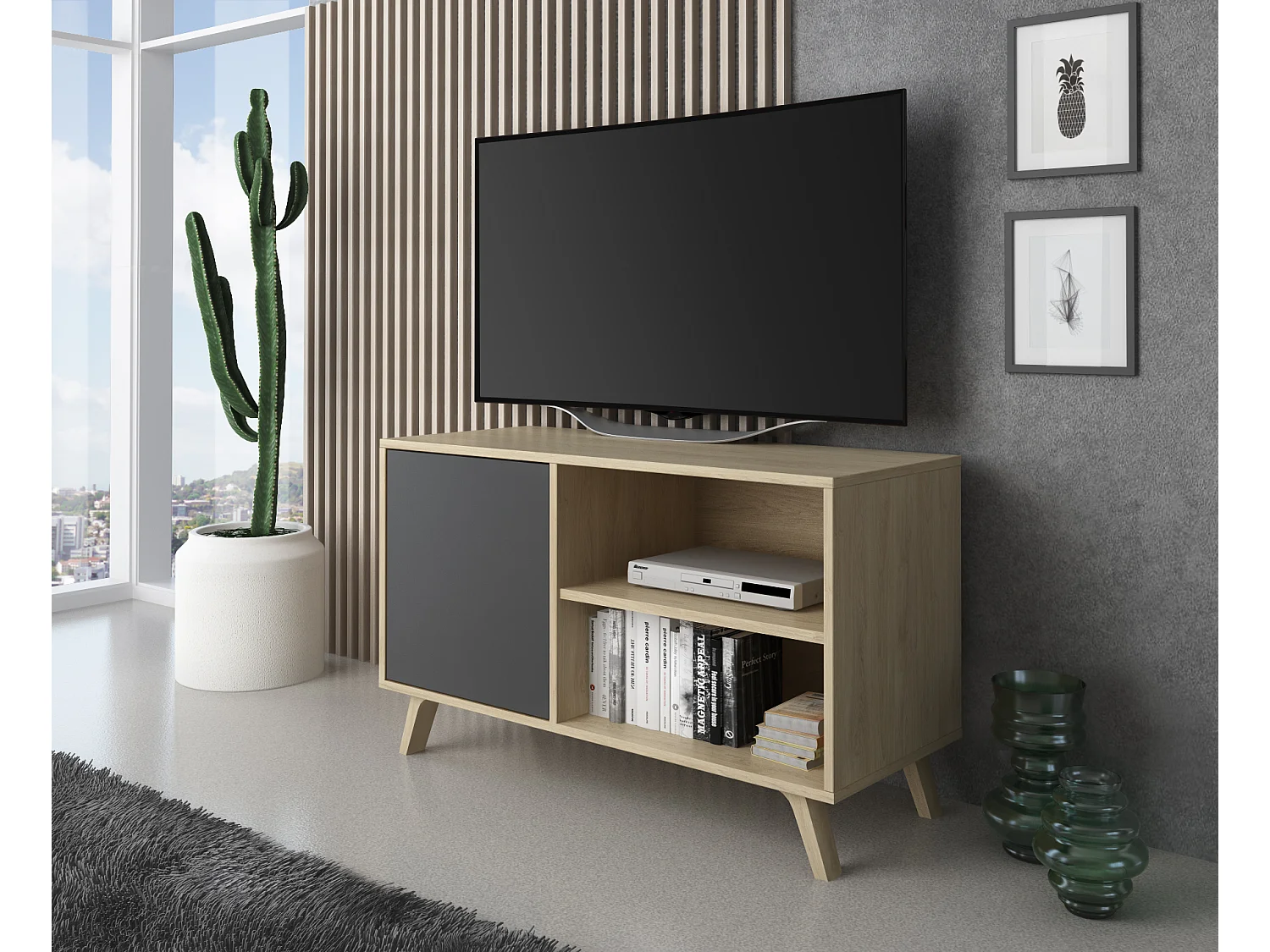 Meuble TV 95x40x57cm avec porte à gauche, modèle WIND, structure chêne, porte Gris Anthracite