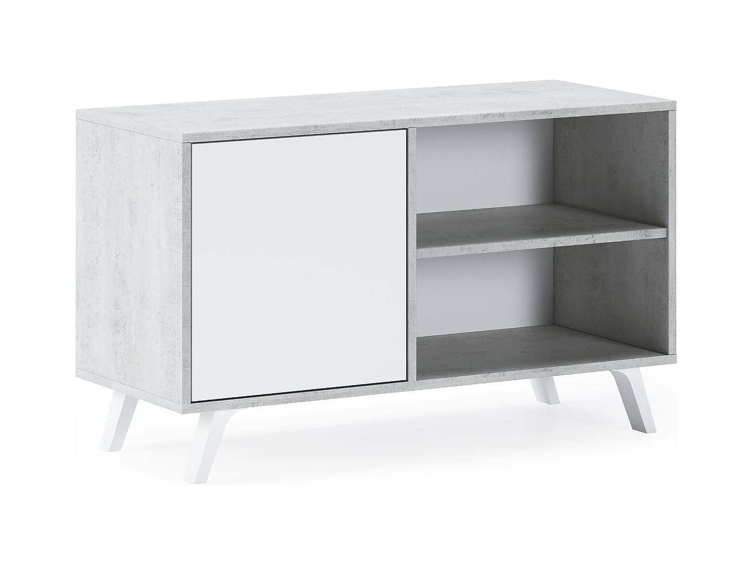 TV-Einheit 100 mit linker Tür, Wohnzimmer, Modell WIND, Strukturfarbe ZEMENT, Türfarbe Weiß matt, 95x40x57cm hoch.