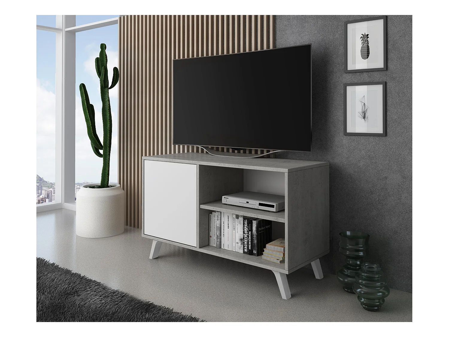 Meuble TV 95x40x57cm avec porte à gauche, modèle WIND, structure CIMENT, porte Blanc Mat