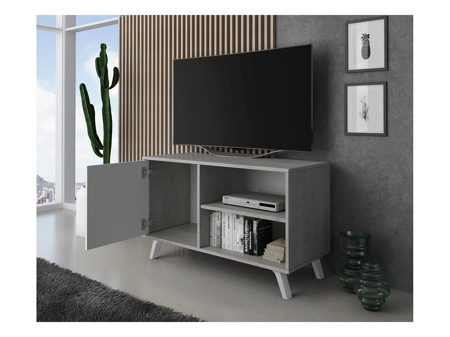 Meuble TV 95x40x57cm avec porte à gauche, modèle WIND, structure CIMENT, porte Blanc Mat