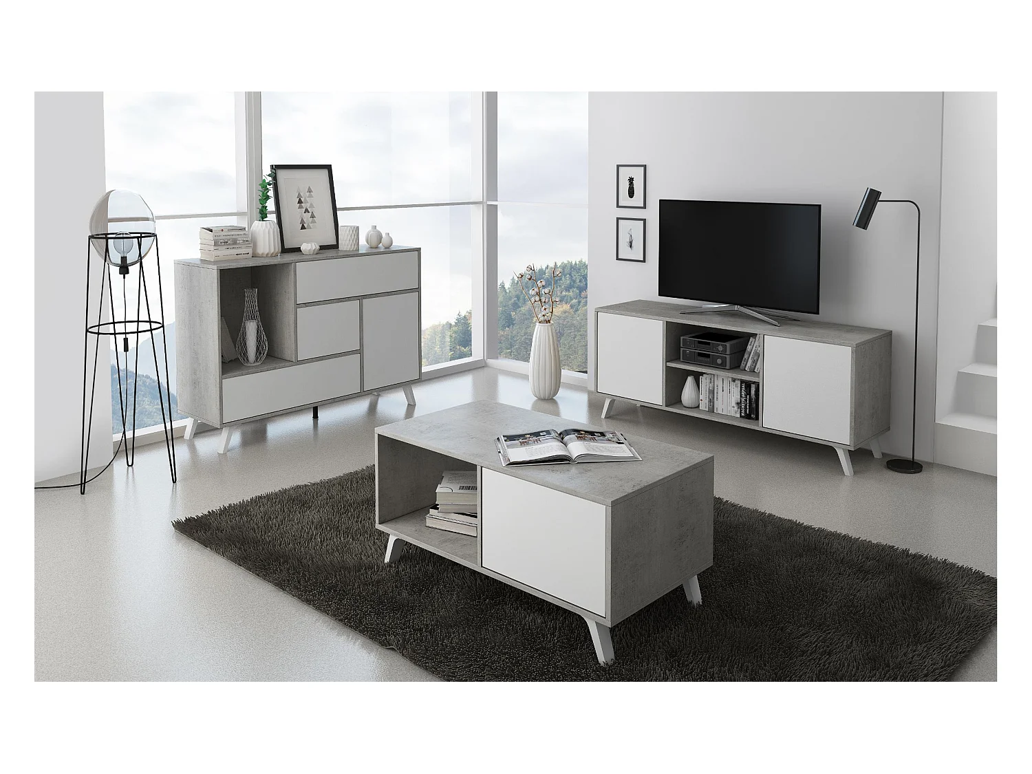 Meuble TV 95x40x57cm avec porte à gauche, modèle WIND, structure CIMENT, porte Blanc Mat