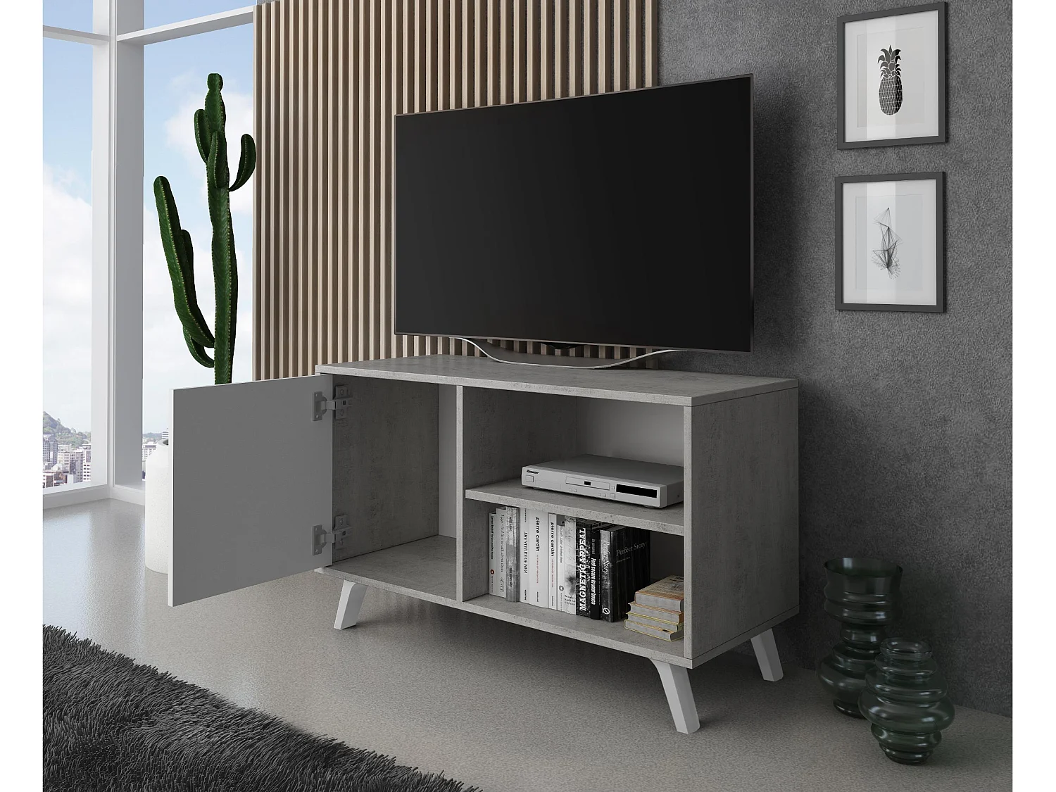 Meuble TV 95x40x57cm avec porte à gauche, modèle WIND, structure CIMENT, porte Blanc Mat