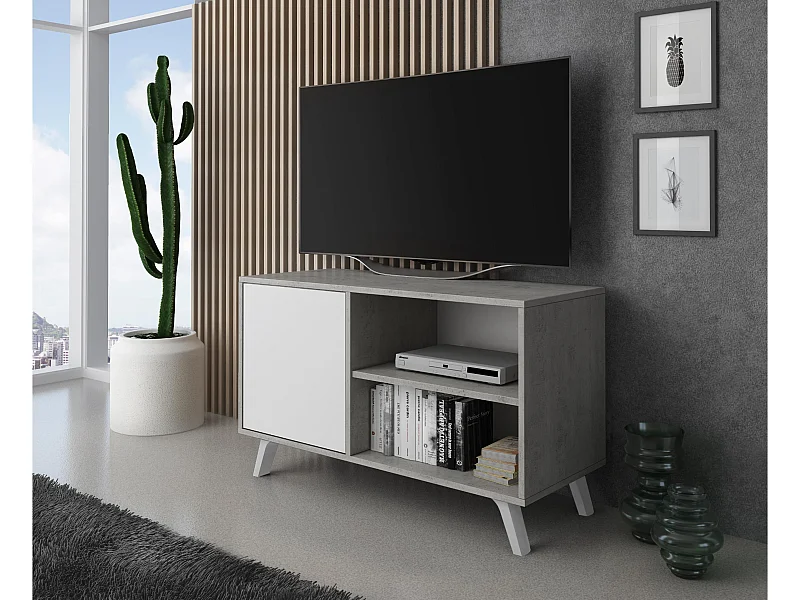 Móvel de TV modelo WIND, cor Cinzento Cemento e Branco, 95x40x57cm