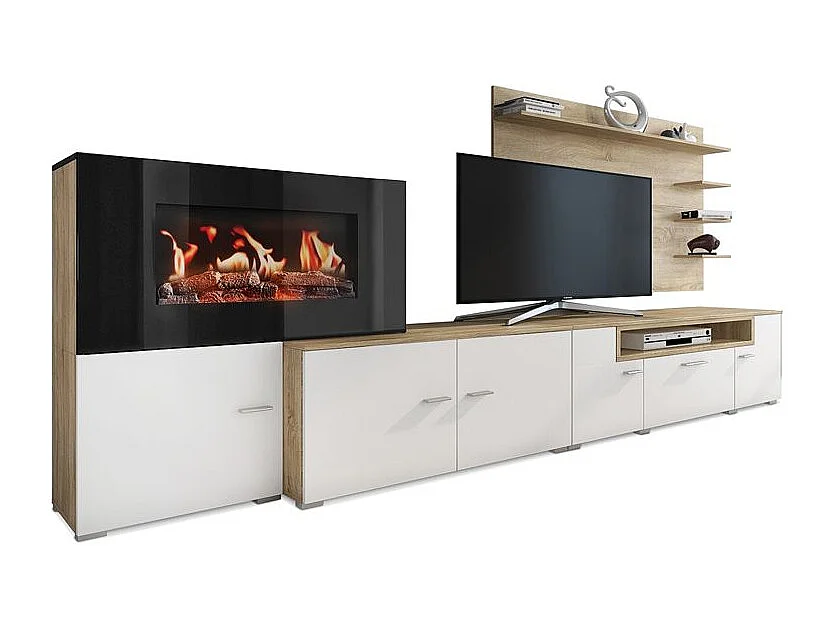 Wohnmöbel mit elektrischem Kamin mit 5 Flammenstufen, mattweißer Oberfläche und gebürsteter heller Eiche, Maße: 290 x 170 x 45cm tief